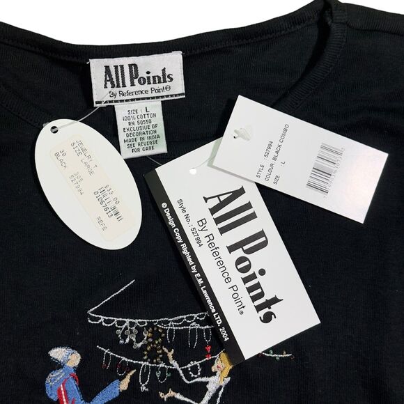 All Points Shirt Woman's Large Black Combo Crew Neck 100% Cotton Embroidered Tee - Picture 7 of 10